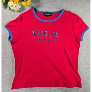 No Boundaries Y2K USA Girl Ringer TShirt Red Blue Glitter Graphic Baby Tee 2000s
